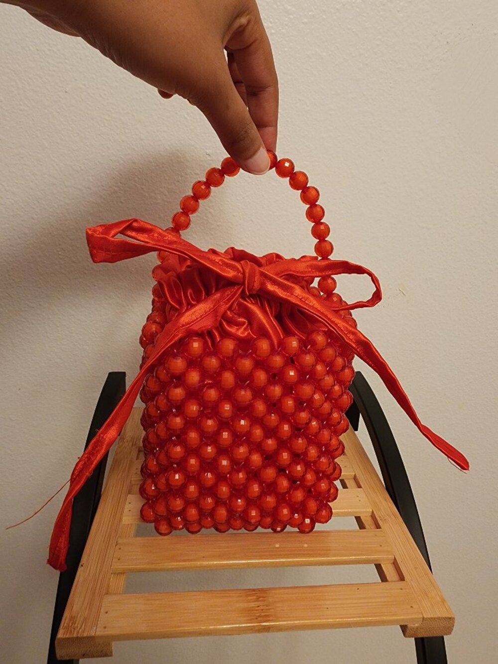 Red Beaded Bucket Bag | Satin Drawstring Mini Purse | Evening Bag